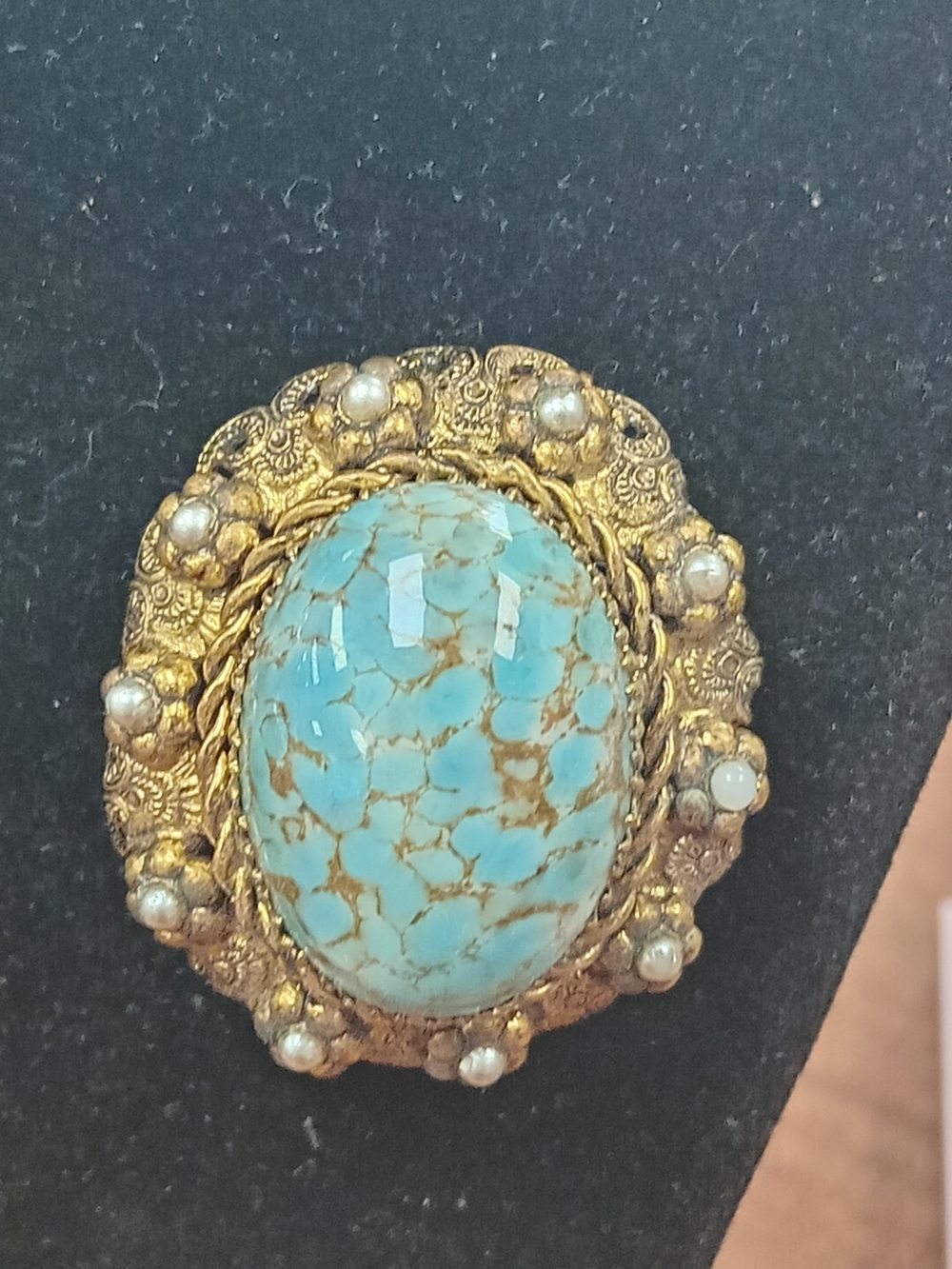 Vintage Faux Turquoise And Faux Pearl Brooch